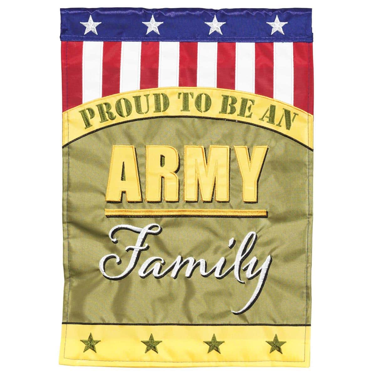 13 by 18 inch Army Family garden flag with layered applique and embroidered emblem hanging on a garden pole in a front yard setting.