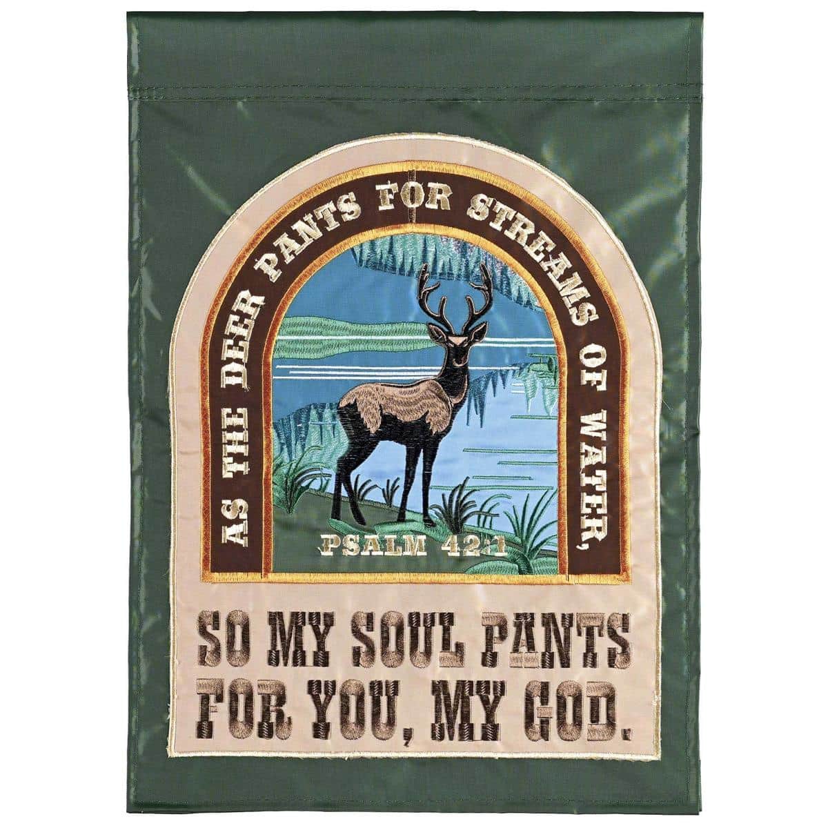 Double applique garden flag with deer by stream and Psalm 42:1 verse, readable on both sides, earth tones, reinforced sleeve for standard outdoor flag poles.