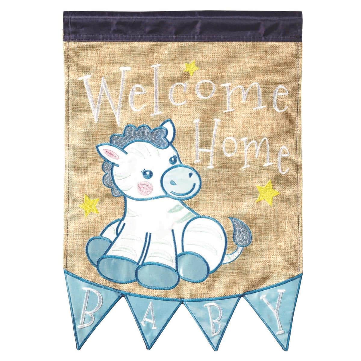 Blue baby boy double applique 13x18 garden flag with layered stitching and top sleeve, displayed on a yard stand beside bright flowers.