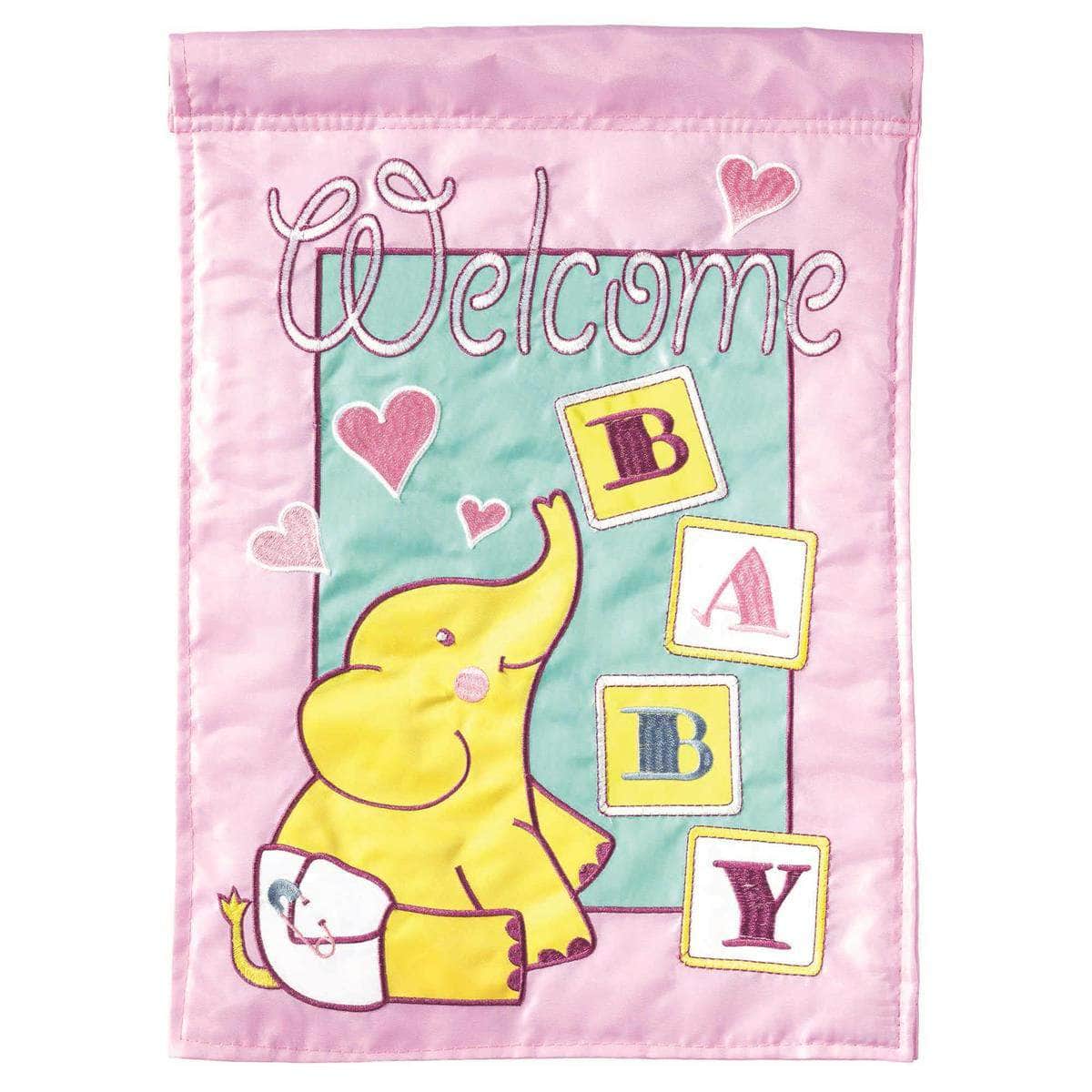 Baby Welcome Garden Flag with double-thickness design, intricate applique stitching, and durable nylon construction for sweet outdoor décor.