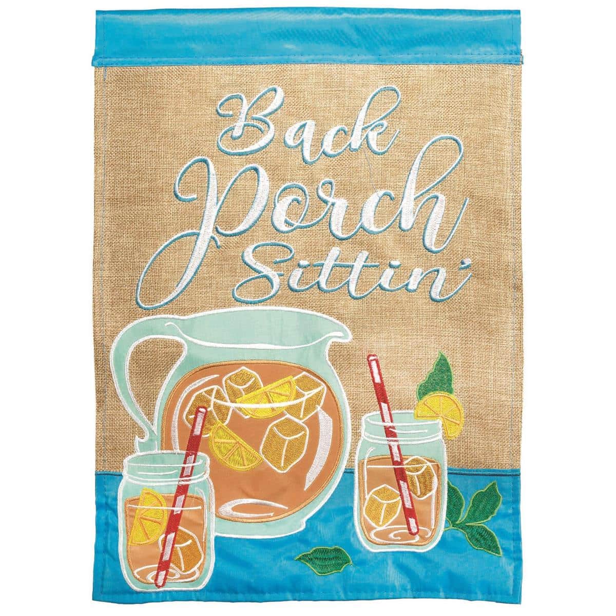 13x18 Back Porch Sittin burlap garden flag with double applique lettering and rustic summer farmhouse accents on a neutral woven background