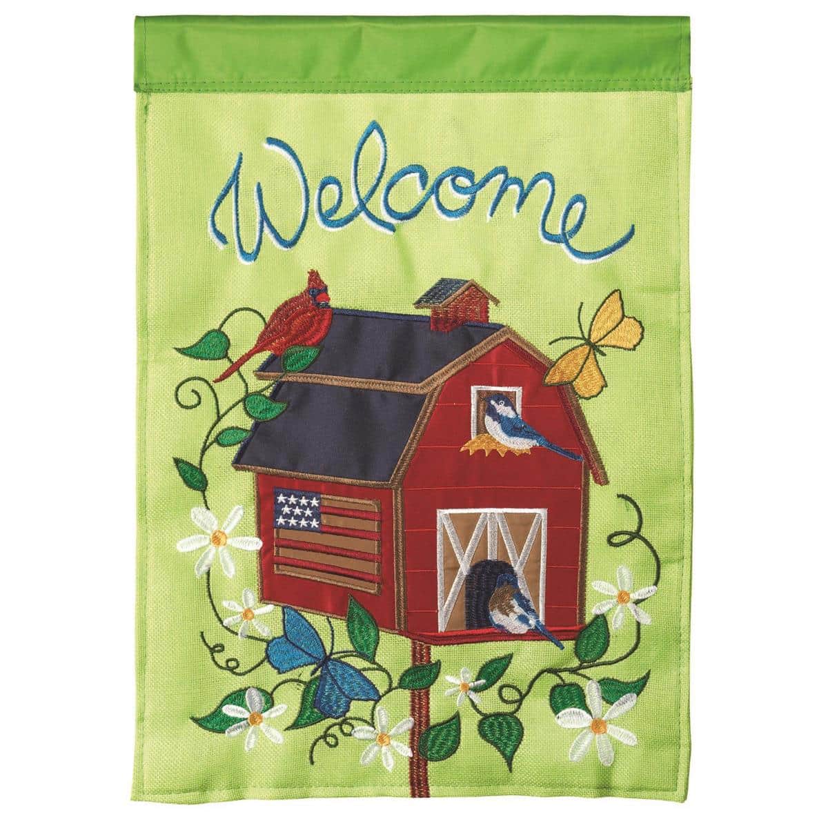 13x18 rustic burlap garden flag showing a barn birdhouse with colorful birds and a stitched Welcome, double applique details on a standard garden stand.