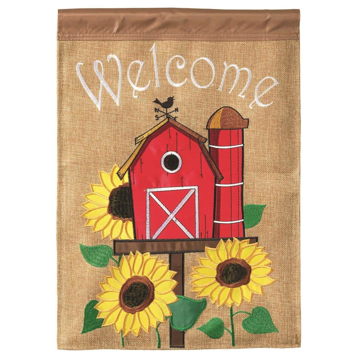 13x18 barn birdhouse garden flag featuring perched songbirds, layered double applique textures, embroidered "Welcome" script, rustic red barn background, and reinforced pole sleeve.