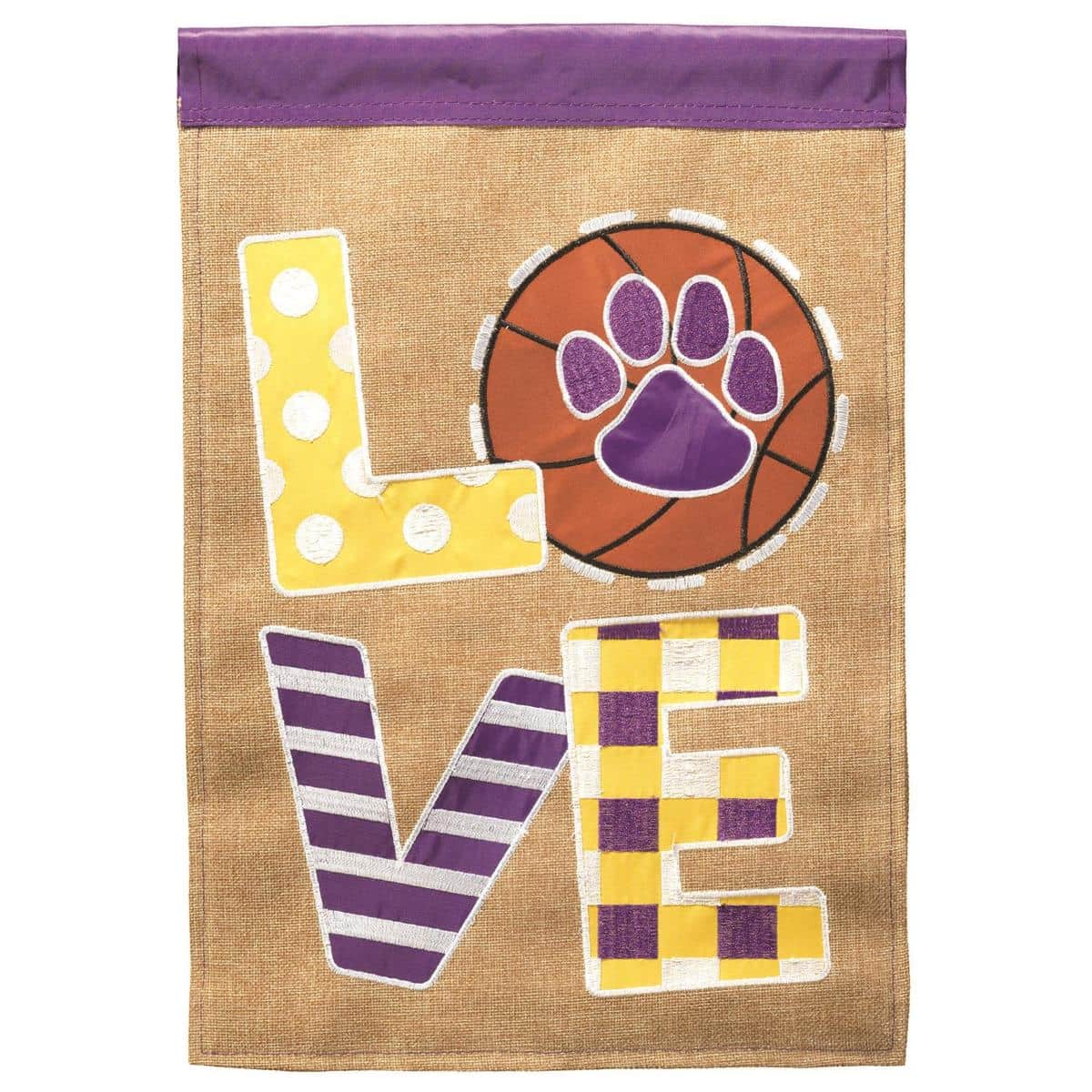 Purple Basketball Love LA garden flag 13x18 double applique showing a heart-shaped basketball motif, bold LA letters, and high-contrast purple background for outdoor fan display.