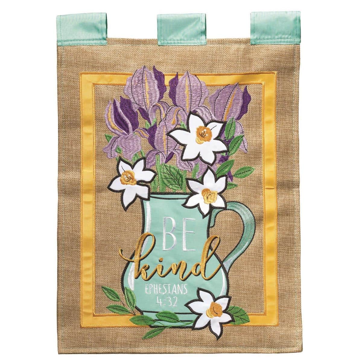 Be Kind garden flag InspireFlowr double applique floral 'Be Kind' message on 13x18 inch flag displayed on a metal garden pole among potted flowers and walkway stones.