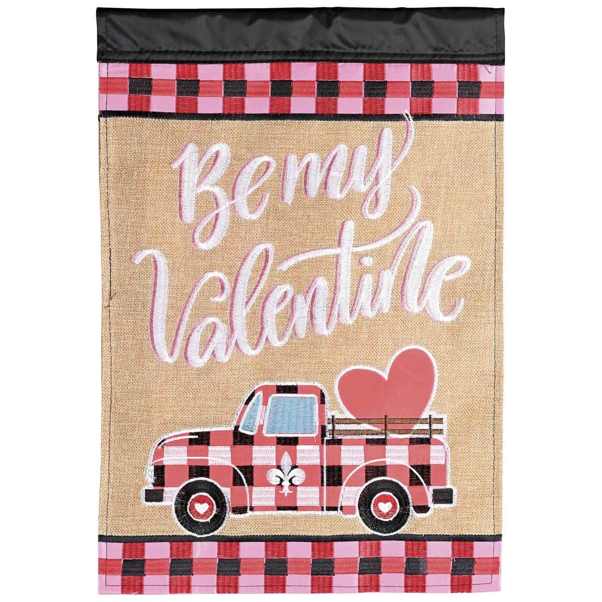 Double applique Valentine garden flag with red vintage truck and hearts, 13x18 size, two-sided readability, weather resistant fabric, fits standard stands.