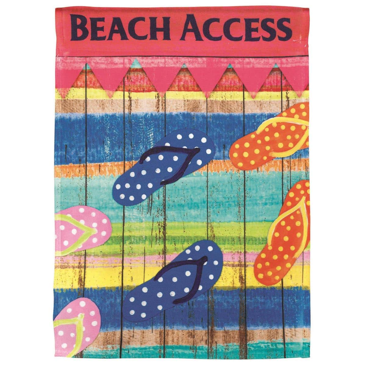 13x18 Beach Access Flip Flop Garden Flag with colorful flip flop graphics and clear Beach Access text on a sand and wave background, shown mounted on a garden flag stand in a lawn setting.