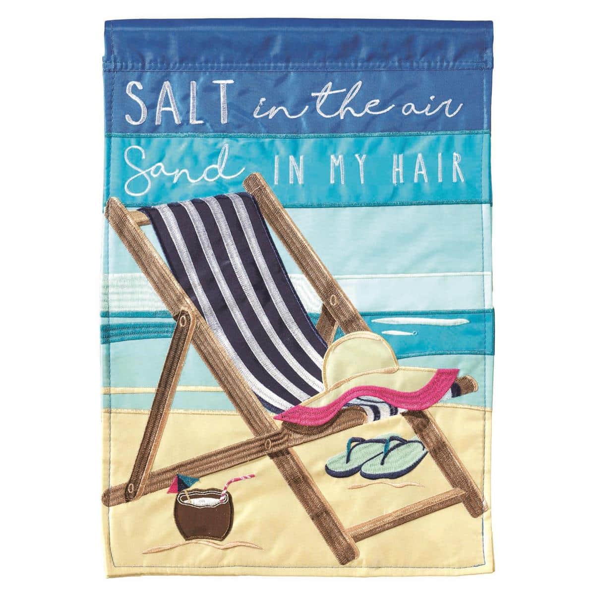 Double applique 13x18 beach garden flag with striped chair, shoreline accents, and coastal colors on both sides, displayed on a standard metal garden flag stand.