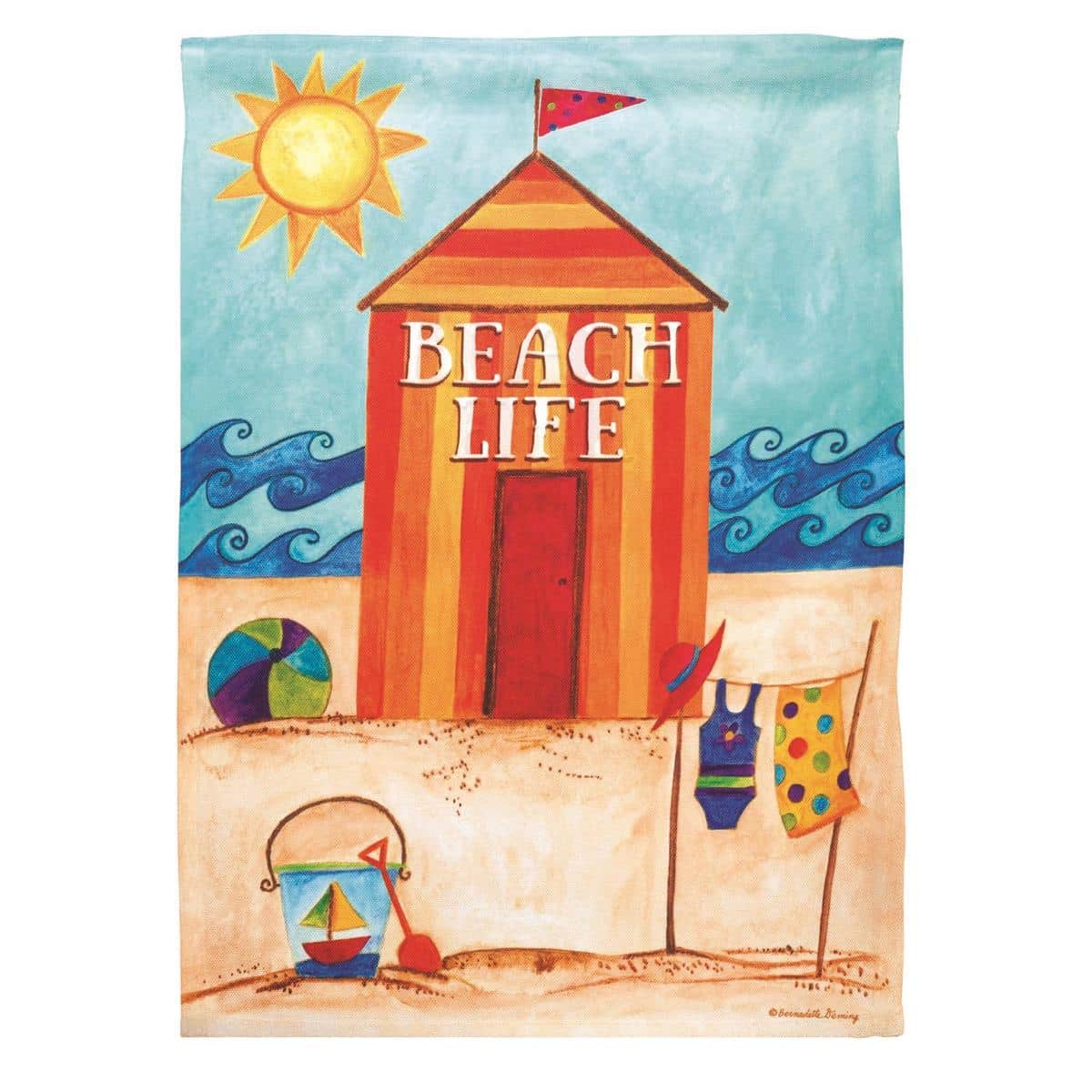 30x44 Beach Life printed banner flag showing palm silhouettes, surfboard accents and sun over sand, designed for porch display, yard mounting and beach house decor.
