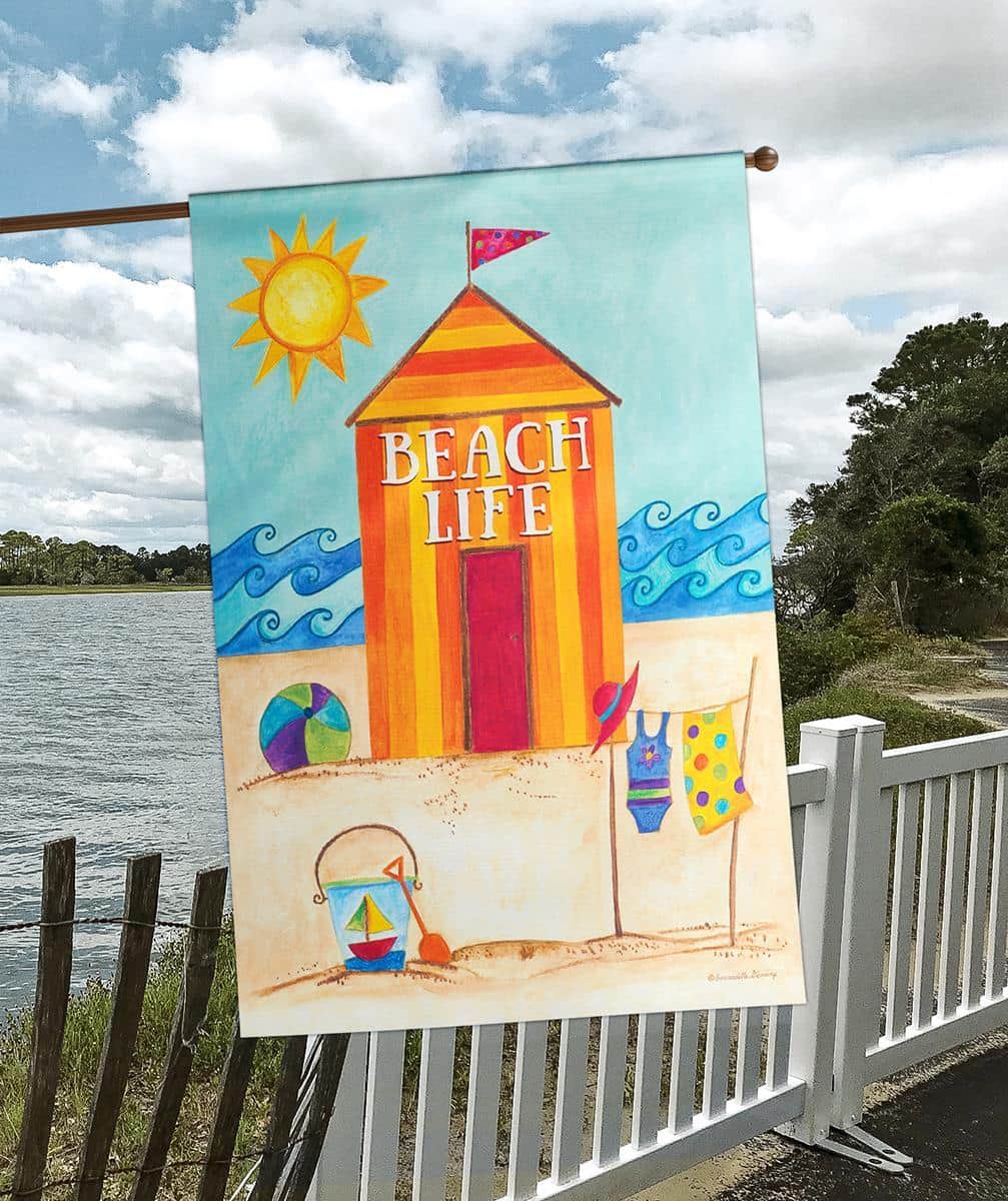 30x44 Beach Life printed banner flag showing palm silhouettes, surfboard accents and sun over sand, designed for porch display, yard mounting and beach house decor.