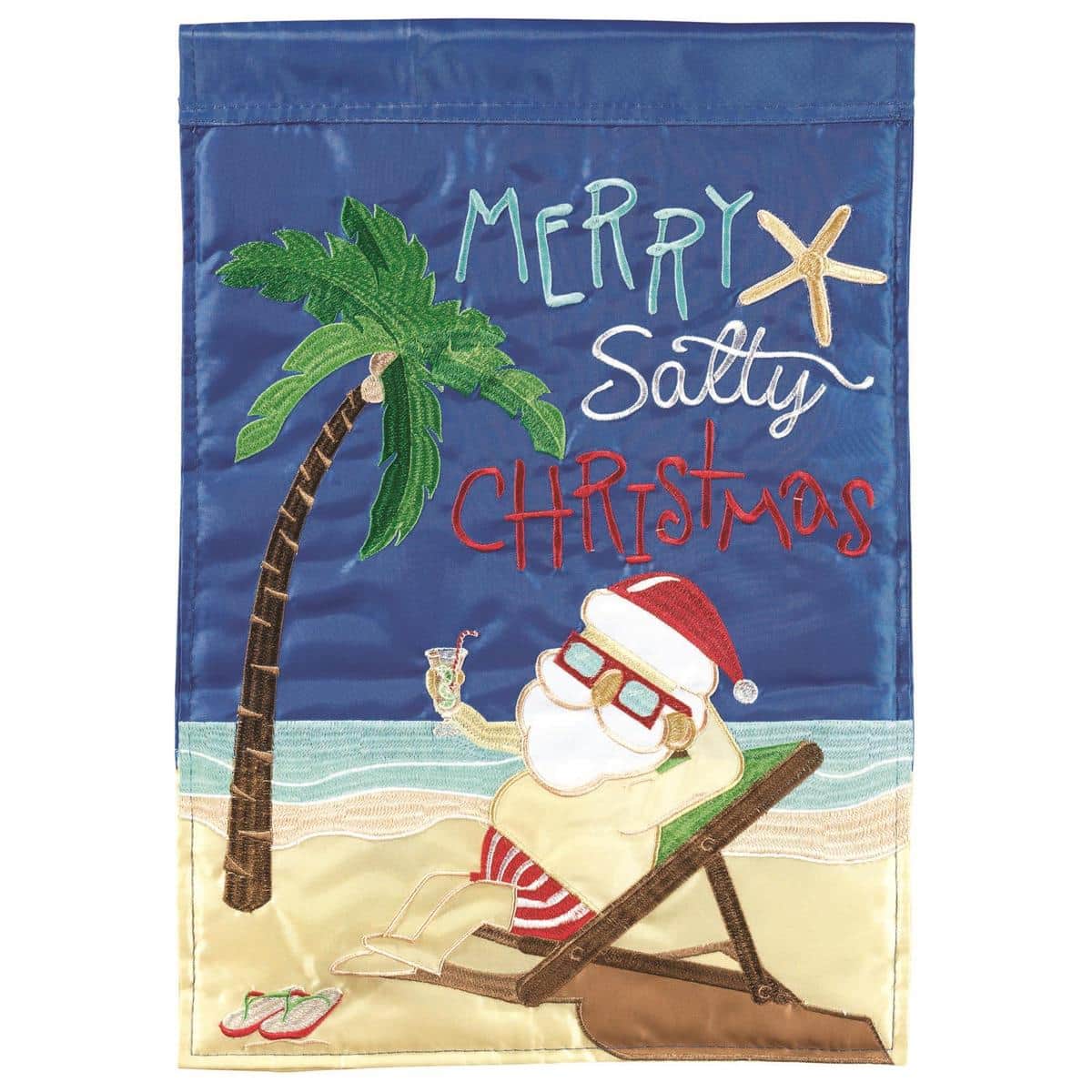 Beach Santa in sunglasses holding a surfboard on a 13x18 double applique garden flag with festive Christmas accents and coastal colors.