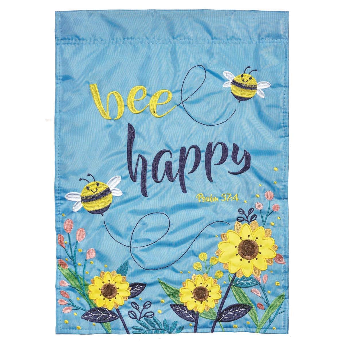 Close-up view of the Bee Happy Psalm 37:4 13 by 18 inch double applique garden flag showing layered bee motifs, scripture lettering, and stitched fabric textures.