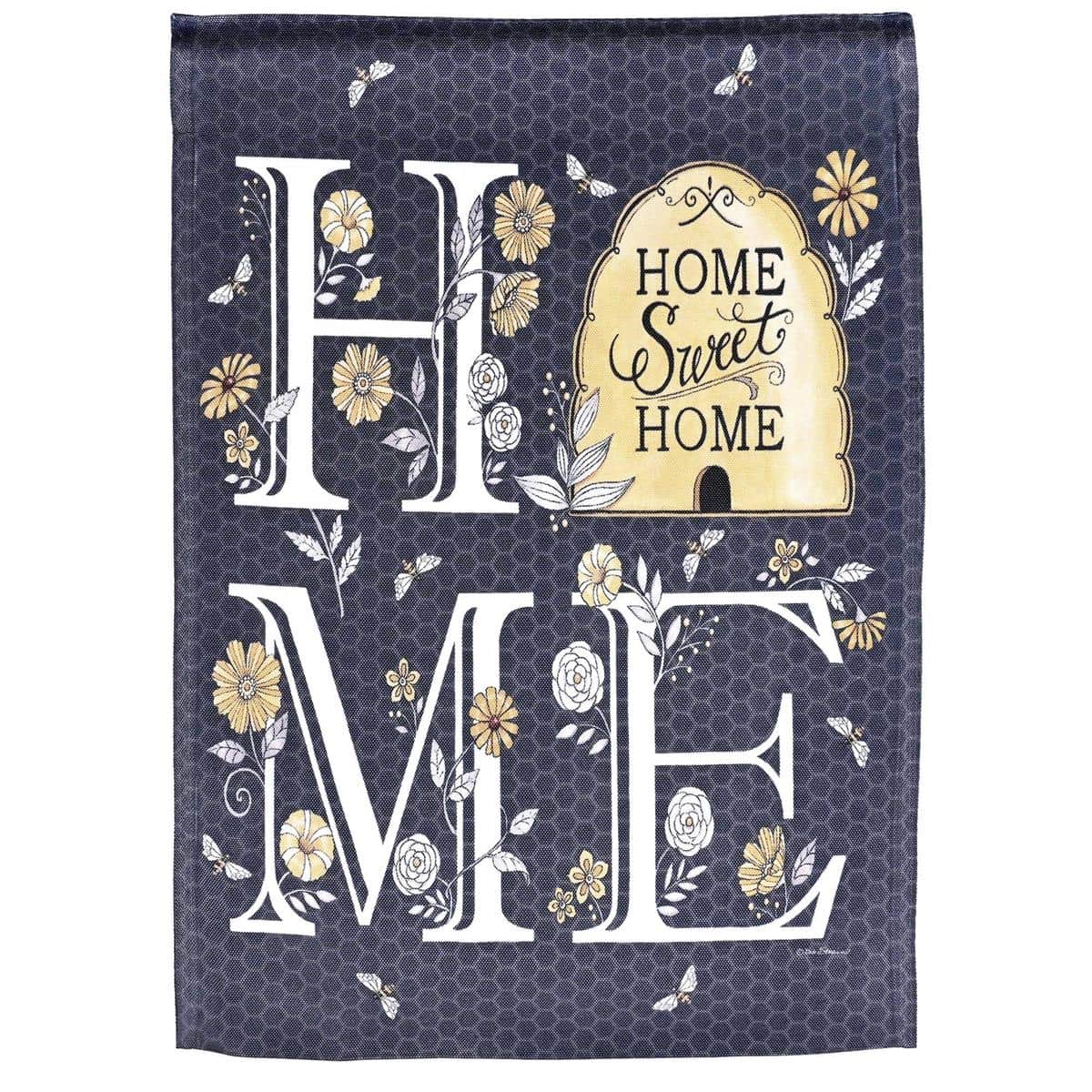 Bee Home Sweet Home garden flag 13x18 showing a smiling bee hovering over colorful flowers and the phrase "Home Sweet Home" on a printed outdoor flag with reinforced rod pocket.