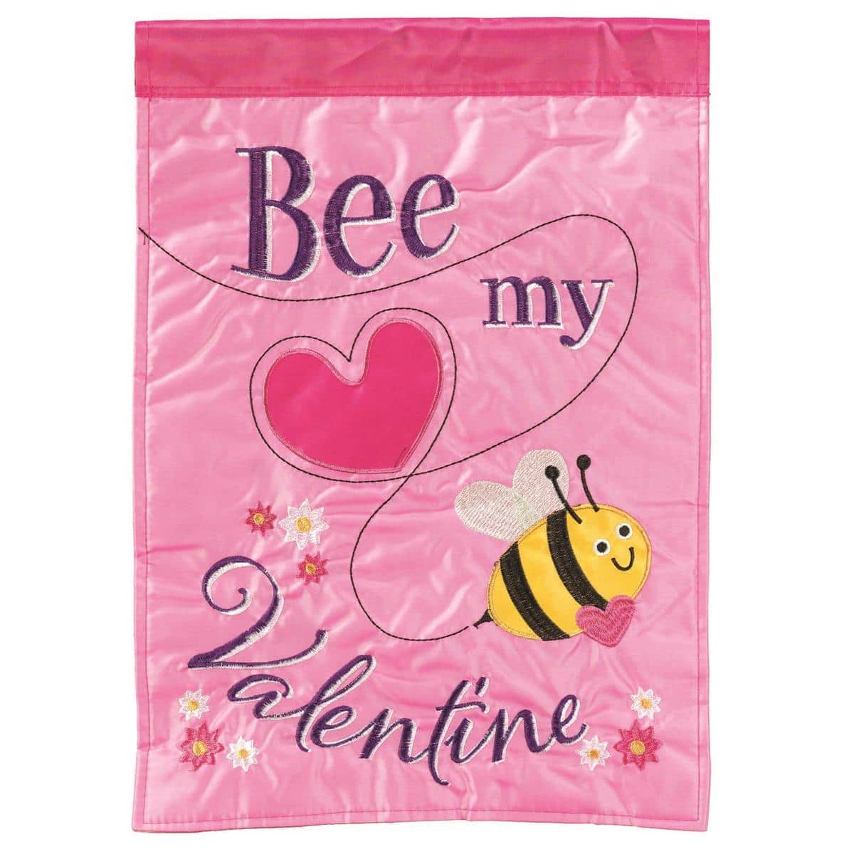 Alt text for the main product image (must be unique vs the meta description): 13x18 Bee My Valentine garden flag with applique bee, hearts, and floral accents shown on a metal garden pole in a front yard setting.