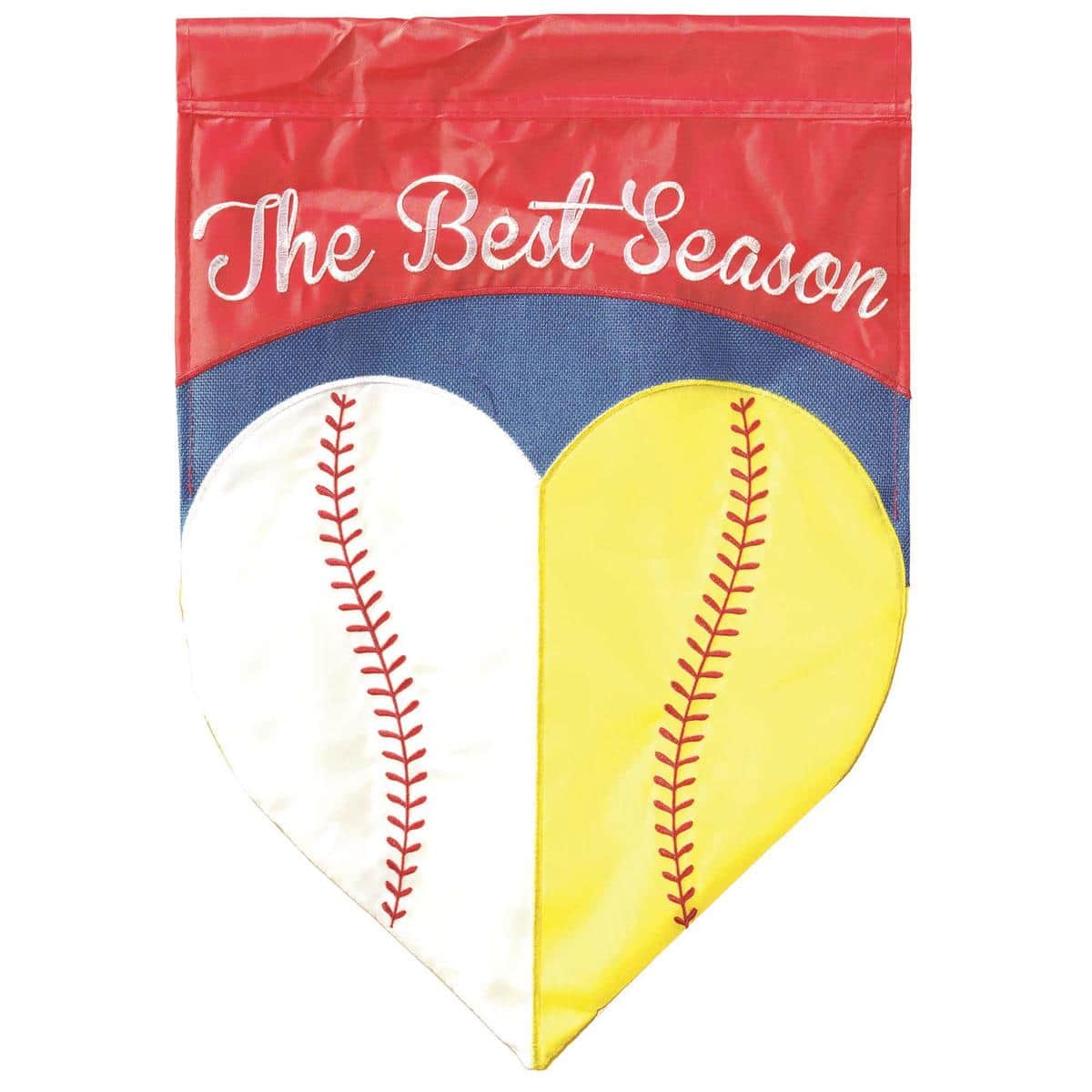 13x18 Best Season Baseball Softball garden flag displayed on a black metal garden pole, showing double applique baseball seam graphics, red stitching detail, bold team-style stripes, and reinforced sleeve.