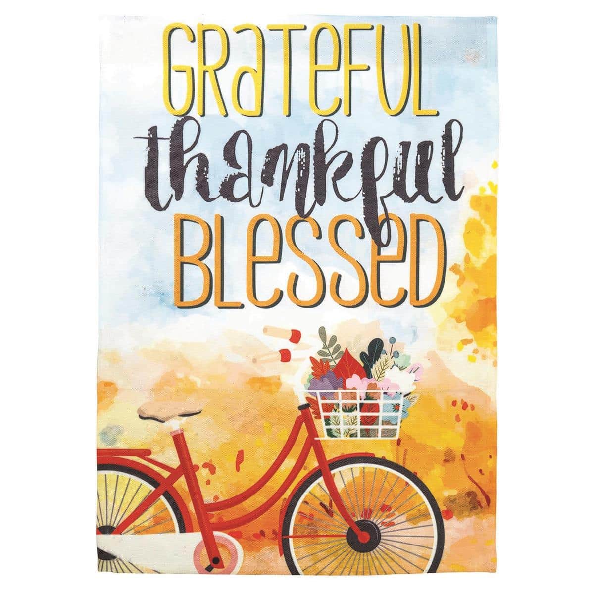 Autumn garden flag showing a vintage bicycle with pumpkins, leaves, and the words Grateful Thankful, 13x18 printed polyester for seasonal outdoor yard display