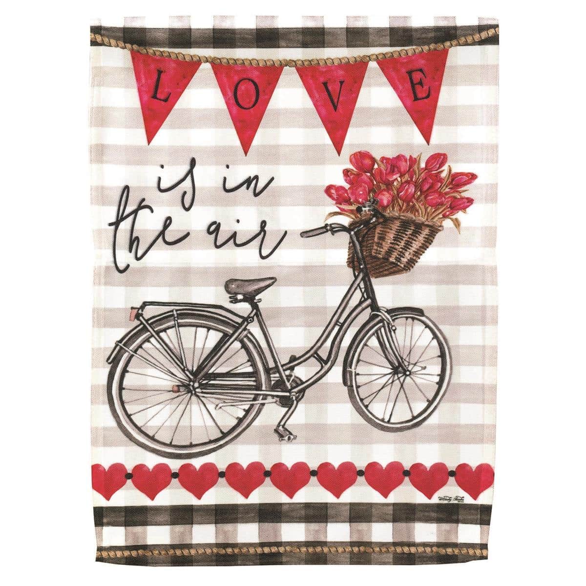 Valentine's bicycle garden flag 13x18 with 'Love Is In The Air' printed hearts and bike illustration on durable outdoor fabric for porch or lawn display.