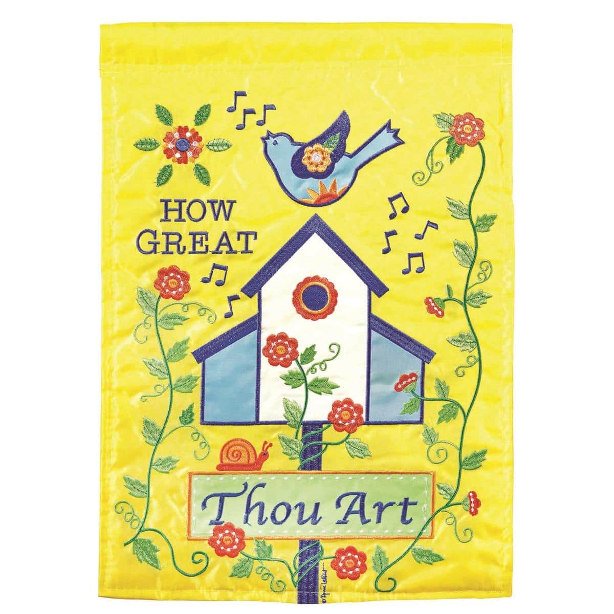 Inspirational 13x18 birdhouse double applique garden flag with How Great message, embroidered birds and lettering, rich threads, and reinforced sleeve shown on stand