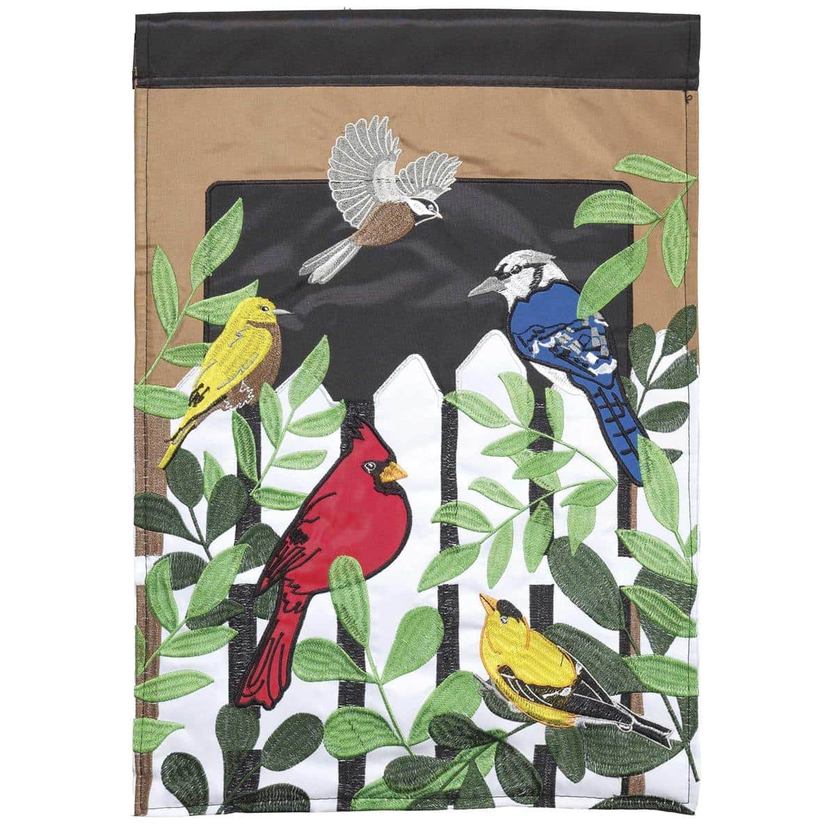 Garden flag showing colorful birds perched on a rustic fence, 13 by 18 inches, double applique detailing on durable polyester fabric for outdoor display and decorative garden use.