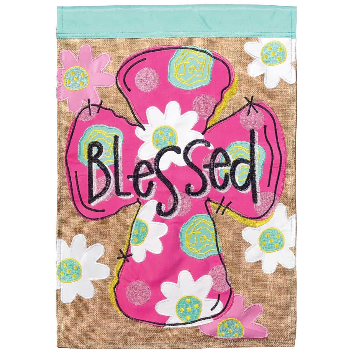 13x18 Blessed Floral Cross garden flag double applique InspireFlowr with raised floral wreath around a scripted 'Blessed' and textured fabric finish