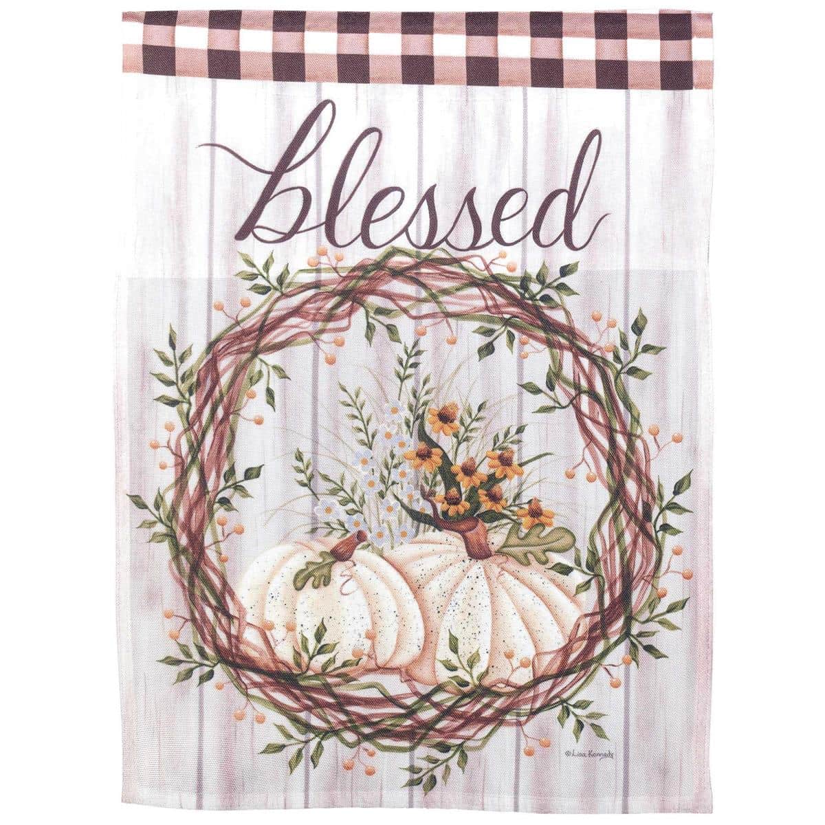 Printed 30x44 Blessed Pumpkin Wreath banner flag showing a rustic pumpkin wreath and elegant 'Blessed' script in warm autumn colors, ideal for front porch or doorway seasonal display