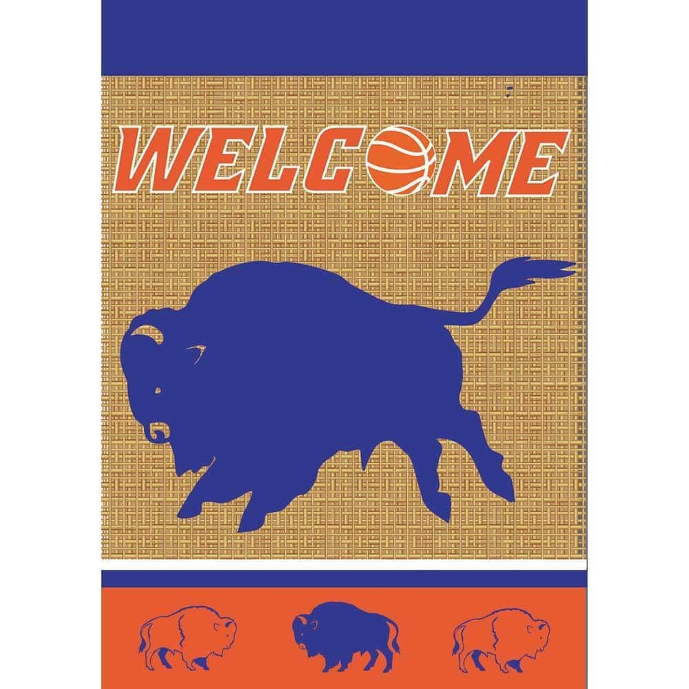 Close-up of Blue Buffalo 29x42 double applique banner flag showing vivid blue buffalo motif on durable fabric for outdoor display.