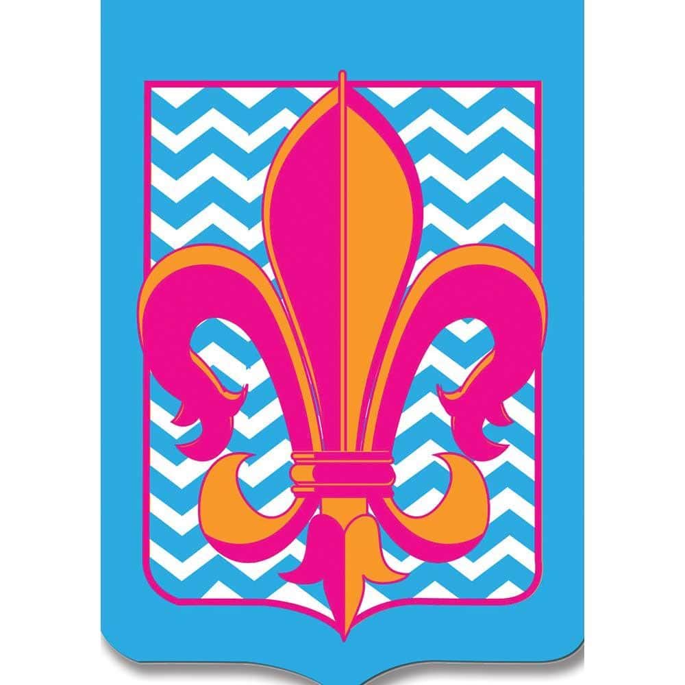 29x42 Blue chevron garden banner with appliqued fleur-de-lis in double applique construction, decorative porch and entryway flag ideal for coordinated outdoor decor and seasonal accents