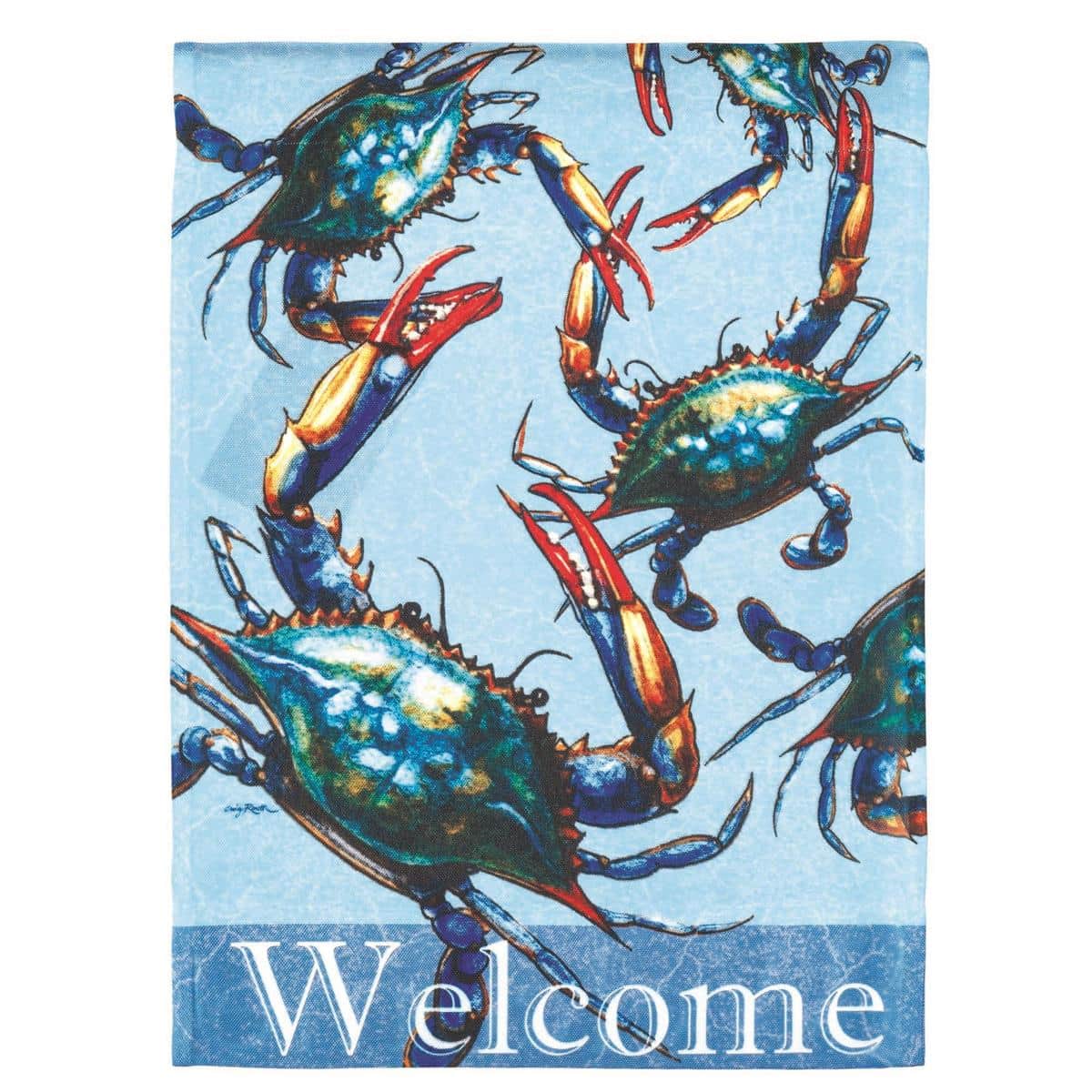 Blue Crabs Garden Flag 13x18 printed beach flag showing bright blue crabs on an ocean-inspired background, ready for garden pole display.