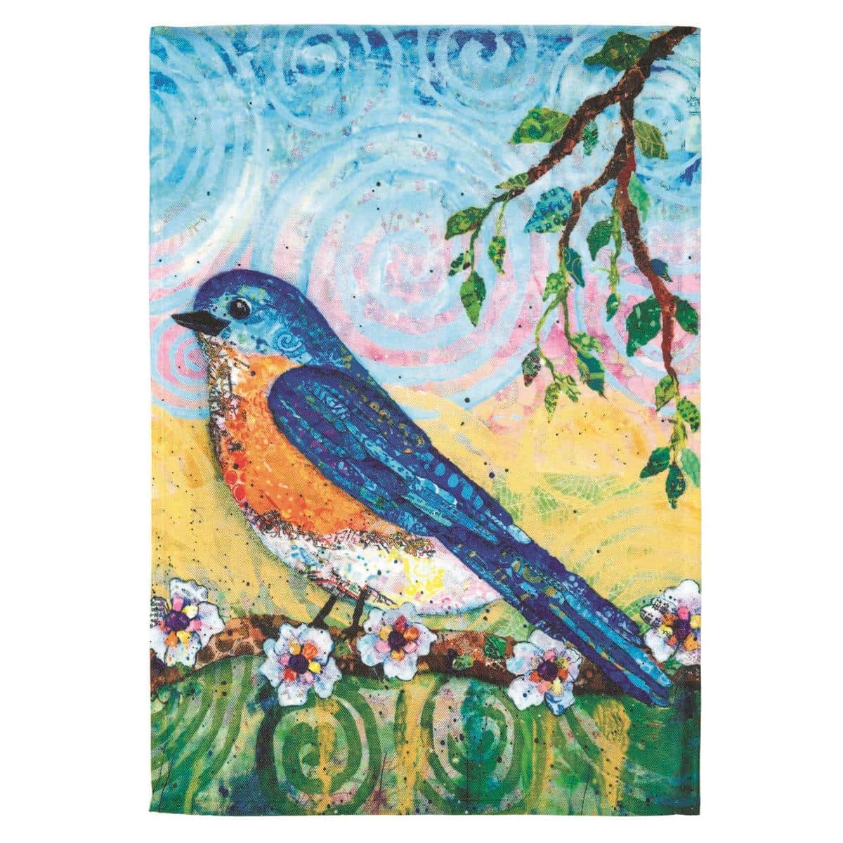 Bluebird printed banner flag 30x44 hanging on a porch pole showing a detailed bluebird on a branch against a soft sky background