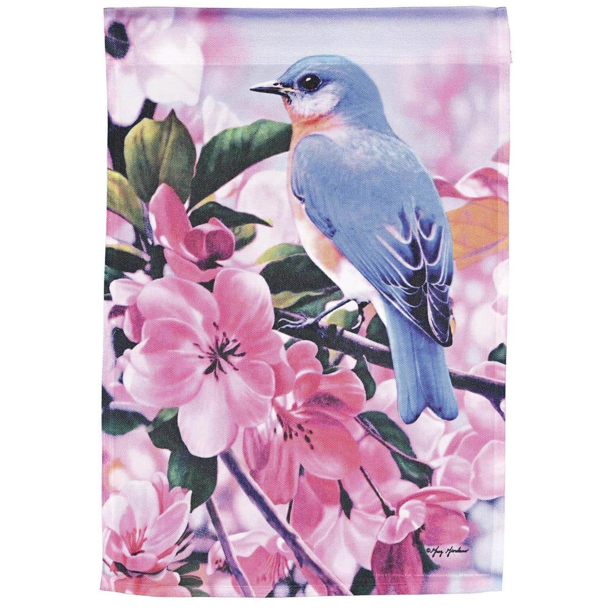 13x18 printed Bluebird garden flag showing a bluebird perched on a branch against a soft sky background, ideal for porch or yard display.