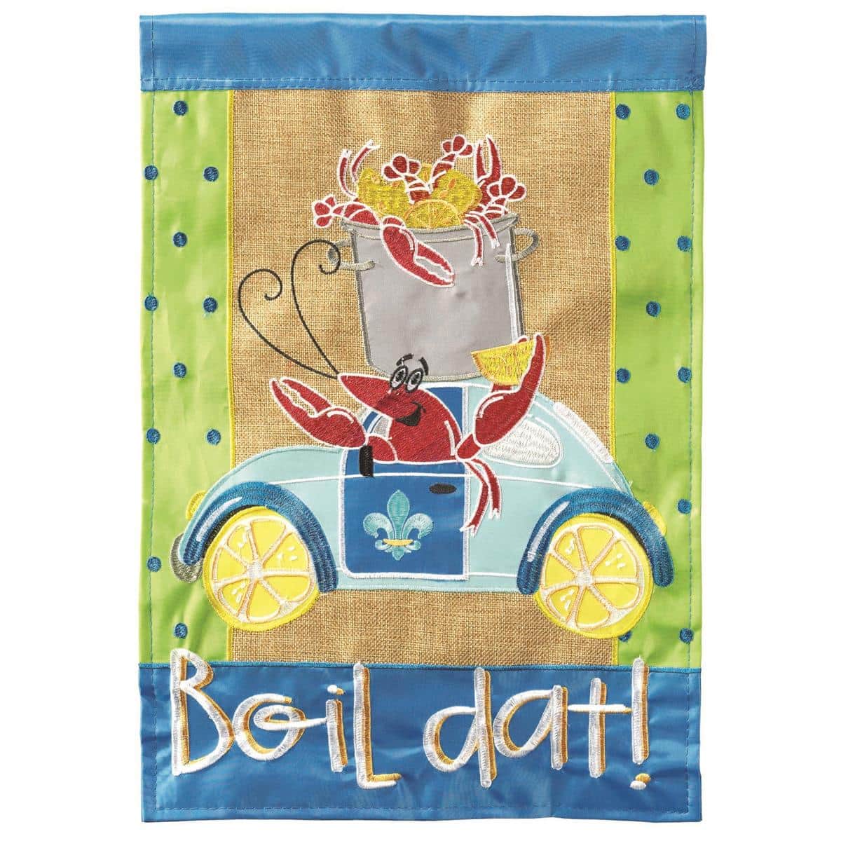 29x42 Boil Dat Burlap Banner Flag main image showing bold double applique 'Boil Dat' lettering, crawfish graphic, rustic burlap texture, reinforced sleeve, and ready-to-hang presentation.