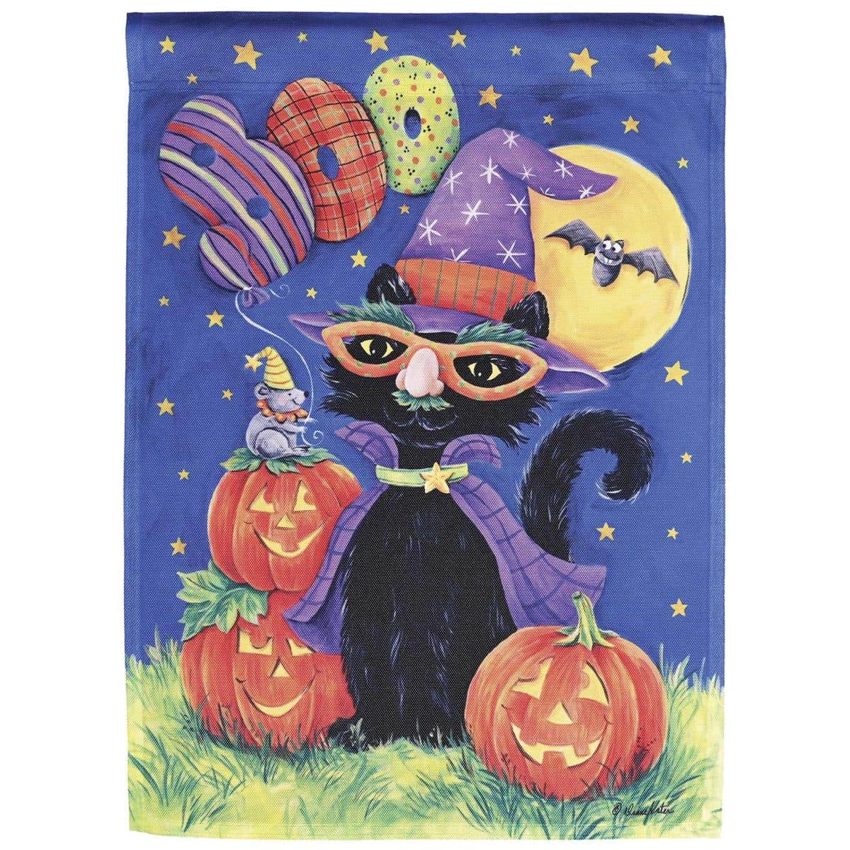 13x18 printed Halloween garden flag showing a bold black cat silhouette with large "Boo" lettering, ideal for porch, planter, or mailbox display.