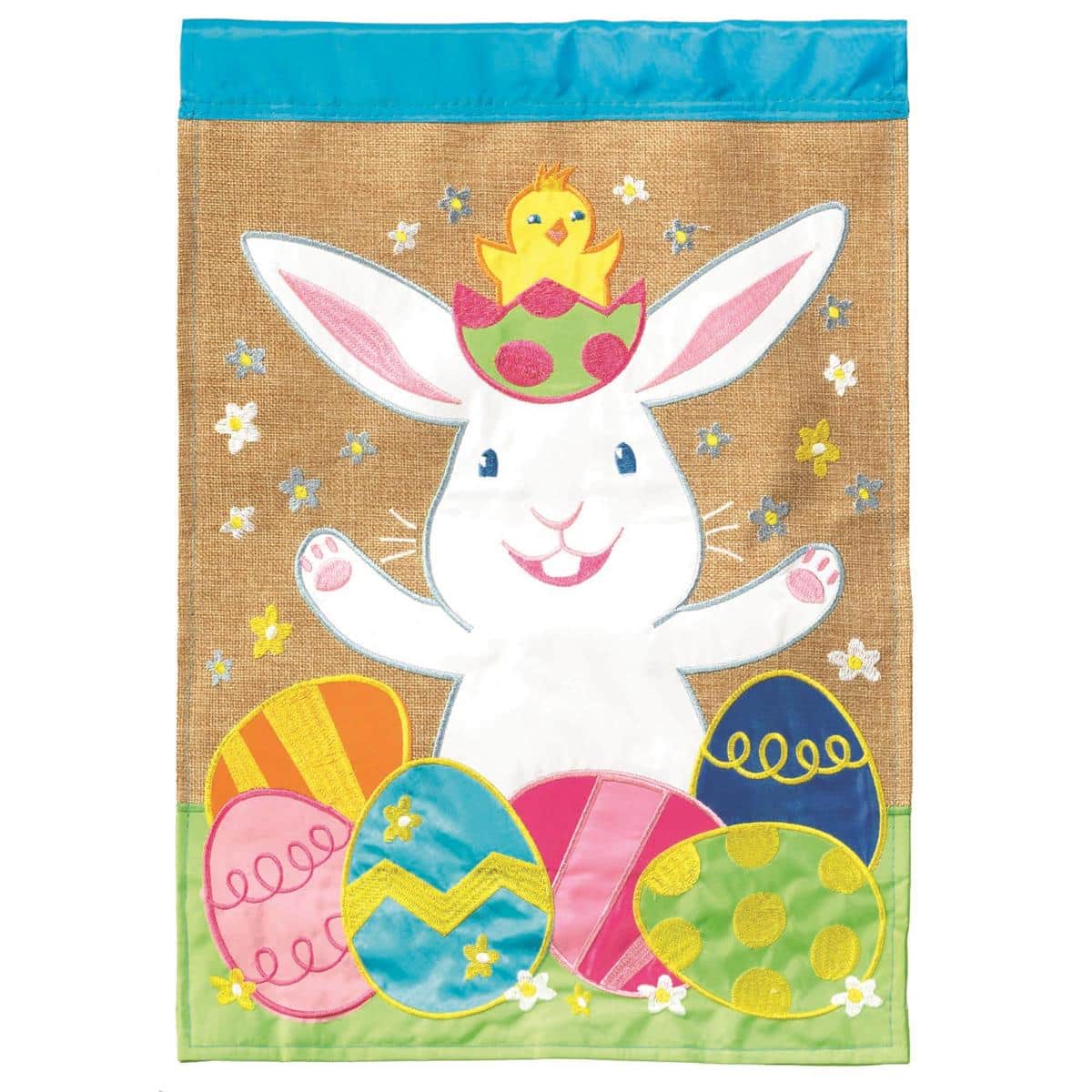 Bunny Garden Flag 13x18, double applique Easter design showing a stitched rabbit among pastel eggs and spring blooms, with reinforced top sleeve for pole.