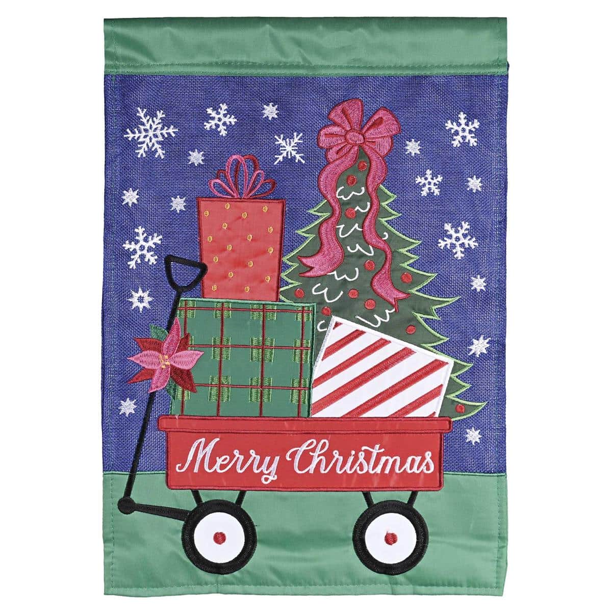 Rustic burlap Christmas flag with double applique red wagon carrying a fresh pine tree, Merry Christmas lettering, country farmhouse holiday garden yard decoration