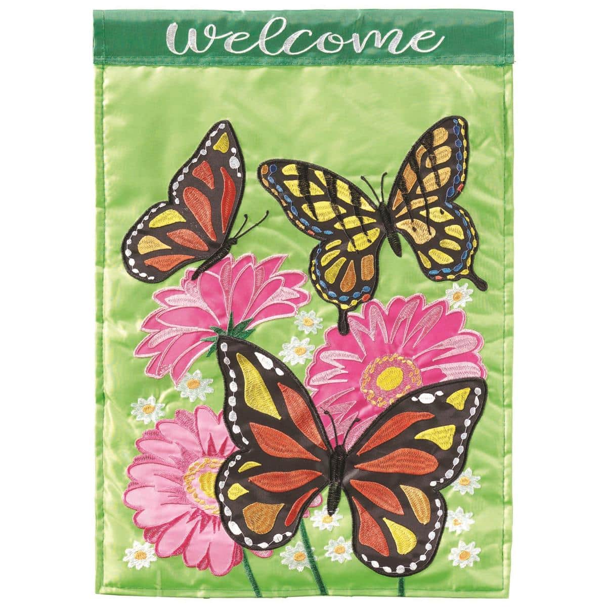 13x18 Butterflies And Flowers Double Applique Garden Flag showing vibrant butterflies and multicolored flowers on layered fabric with stitched edges and a sewn pole sleeve, displayed on a simple garden stand to highlight scale and texture.