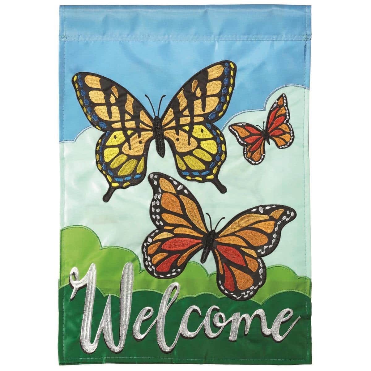 13x18 Butterflies Welcome Garden Flag double applique featuring vibrant flowers and butterflies with layered fabric textures and stitched welcome message for porch and garden display