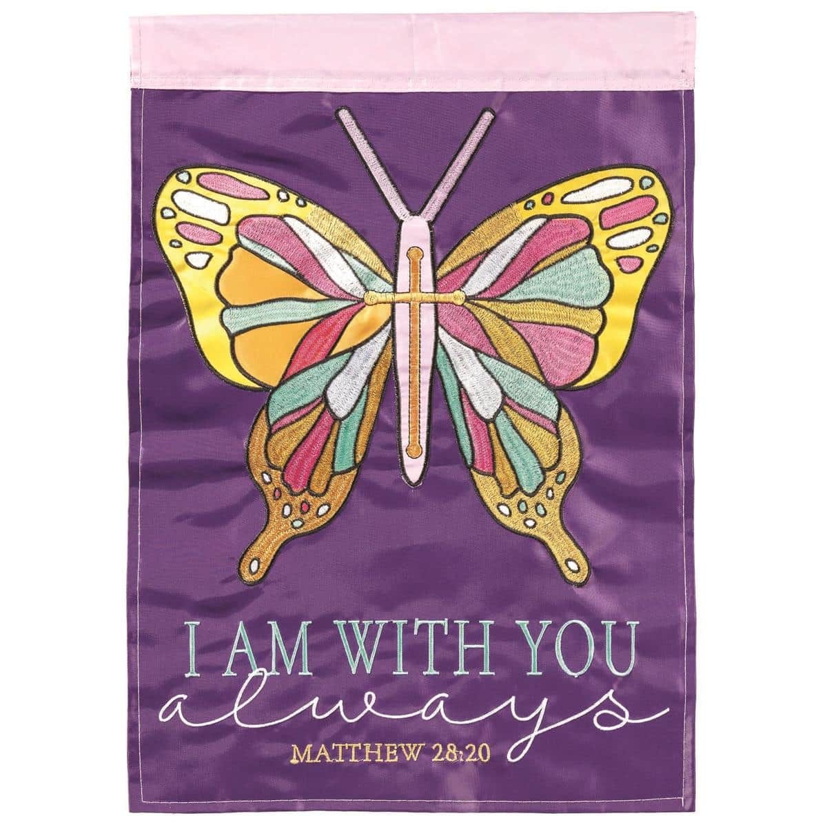 Close-up of Butterfly I Am Matt 28:20 13x18 double applique garden flag showing layered butterfly wings, textured fabric applique, and the Matthew 28:20 scripture integrated into the design.