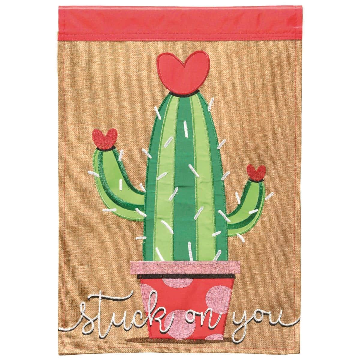 13x18 Cactus Stuck On You Valentine's garden flag with double applique cacti, heart accents and 'Stuck On You' message displayed on a porch flag stand in natural light.