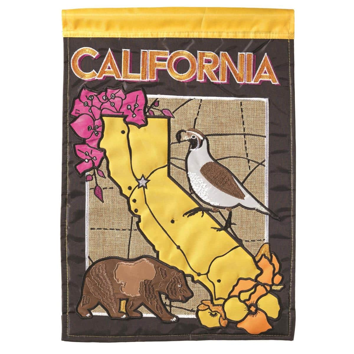 13x18 California Symbols garden flag with bear and poppy motifs, double applique, two sided design on weather-resistant fabric for porch, yard, or patio.