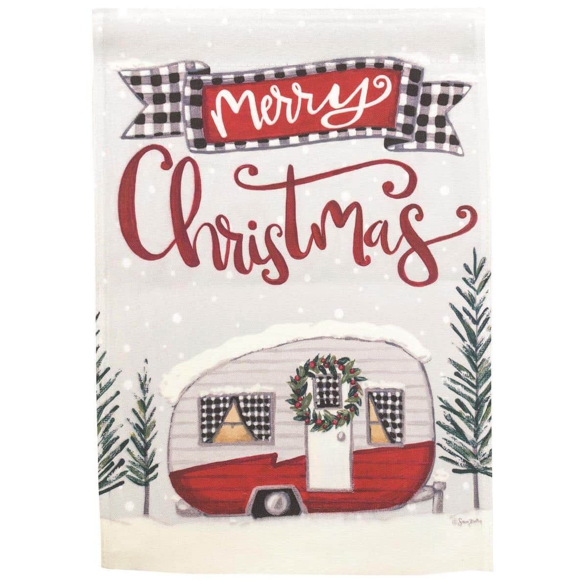 13x18 Camper Merry Christmas printed garden flag showing a festive RV camper with holiday lights, wreath, and candy cane accents, ideal for front yard, porch, or campsite display