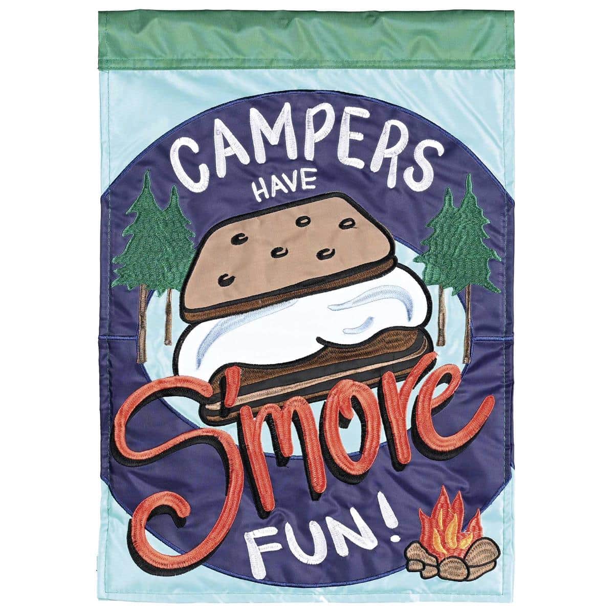 Decorative Campers Have Smore Fun outdoor flag featuring campfire, marshmallow and s'mores illustration in warm fall tones with layered double applique stitching and reinforced sleeve for pole display.