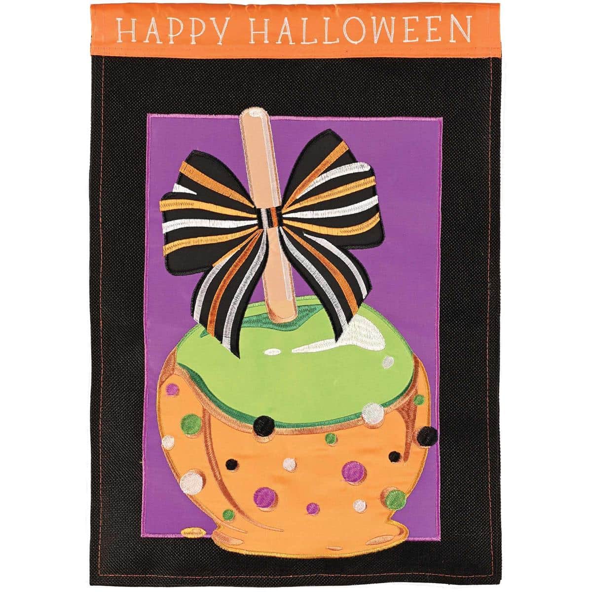 Candy Apple Happy Halloween 29x42 double applique banner flag showing glossy candy apple graphics, stylized Halloween lettering, and autumn motifs hung on a porch flag pole.