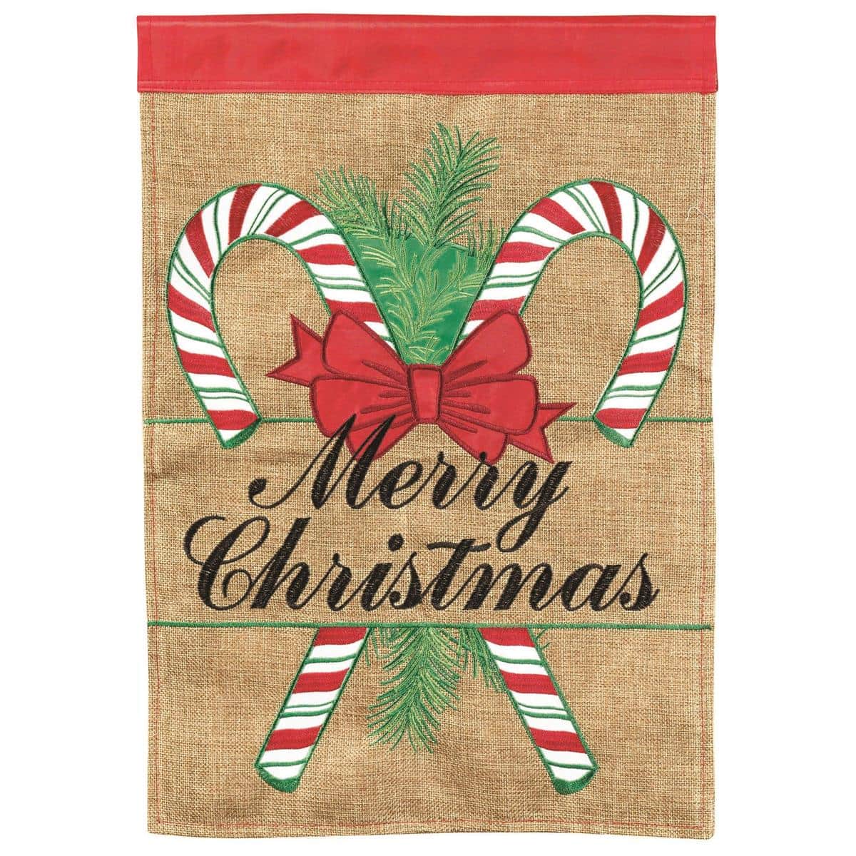 13x18 Candy Cane Christmas double applique garden flag featuring red and white candy canes, holly leaves, plaid accents, and festive "Merry Christmas" script, ideal for porch display.