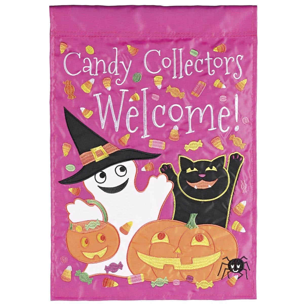 Halloween garden flag 13x18 with Candy Collectors Welcome Here message in bold double applique lettering, playful candy accents, two-sided, weather-ready.