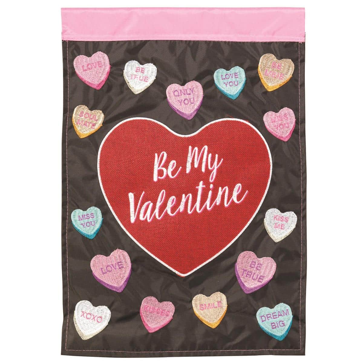 13x18 Candy Hearts Burlap Garden Flag with pastel double applique hearts on tan burlap, two-sided Valentine outdoor yard decor displayed on a standard garden stand