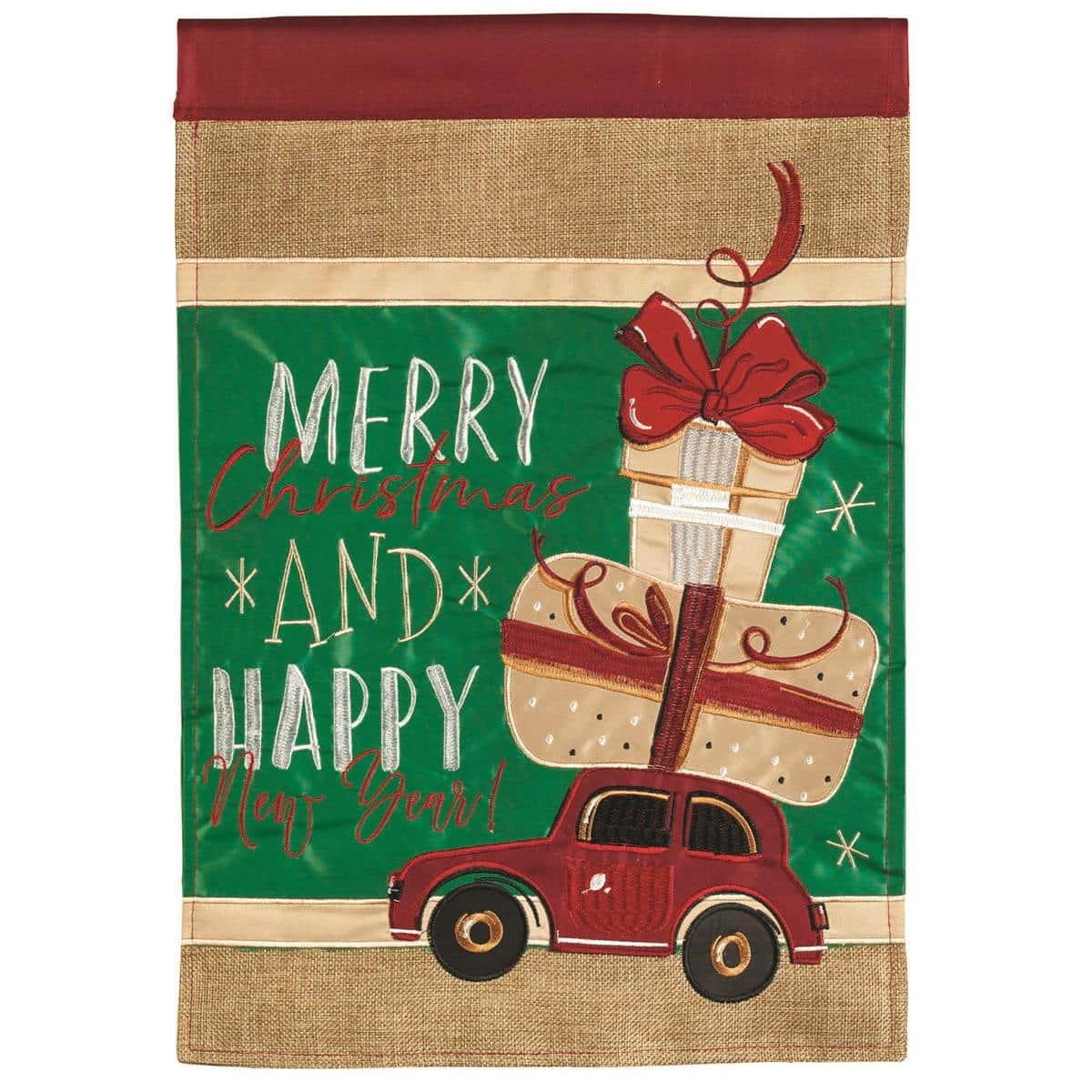 13x18 double applique Car Merry Christmas garden flag with holiday car graphic, two-sided outdoor yard decor on a standard garden pole.