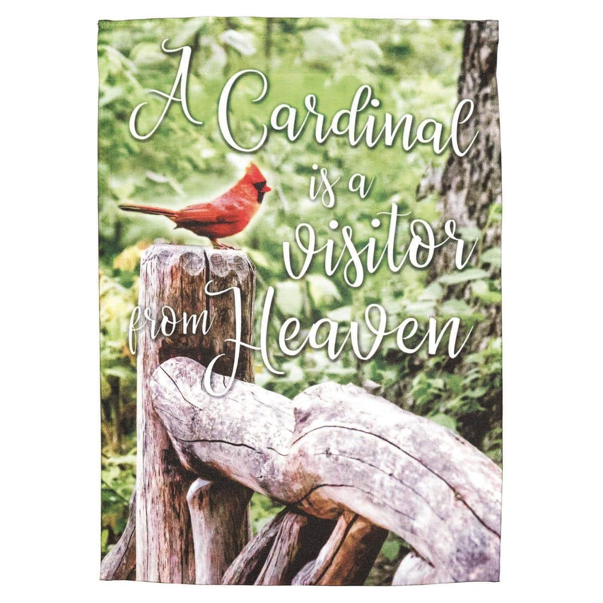 13x18 printed garden flag showing a red cardinal perched on a branch with the word 'Blessed' in elegant script on a soft neutral background for porch or garden display.