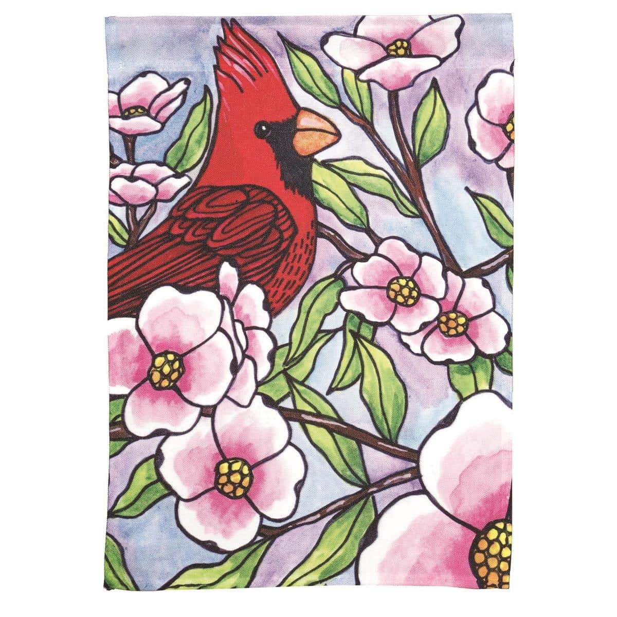 Bright red cardinal perched among white dogwood blooms printed on a 13x18 garden flag ready for outdoor display on a standard flagpole.