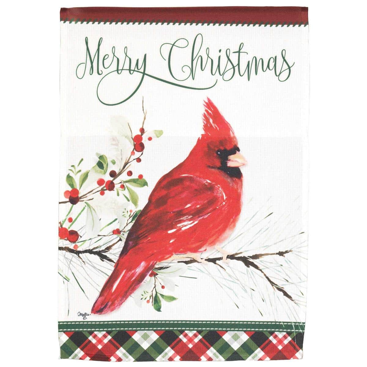 Red cardinal Merry Christmas banner flag 30 by 44 inches displayed on a porch pole with holly accents and festive "Merry Christmas" typography, showing vibrant red and green colors against a neutral background.