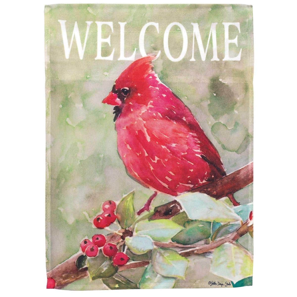 Printed 13x18 garden flag showing a red cardinal perched on a branch with 'Welcome' text, weather-resistant polyester construction for porch, walkway, or garden display.